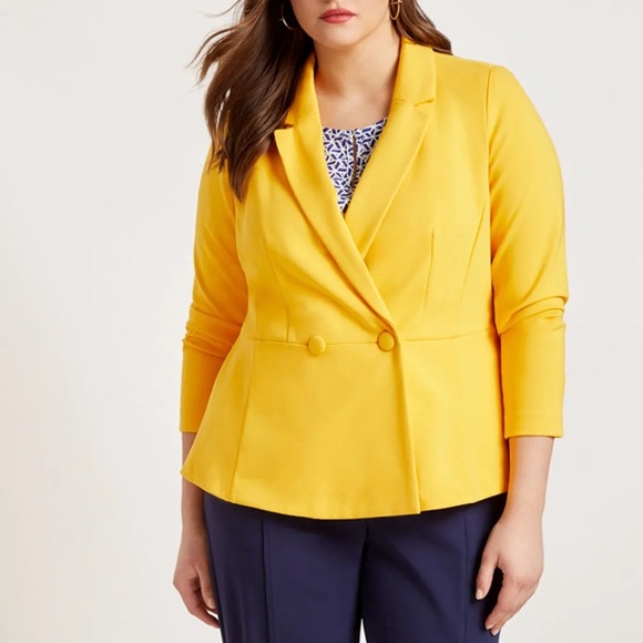 New ELOQUII Peplum Stretch Work Blazer Marigold Yellow Plus 26 Double Breasted - Picture 14 of 16